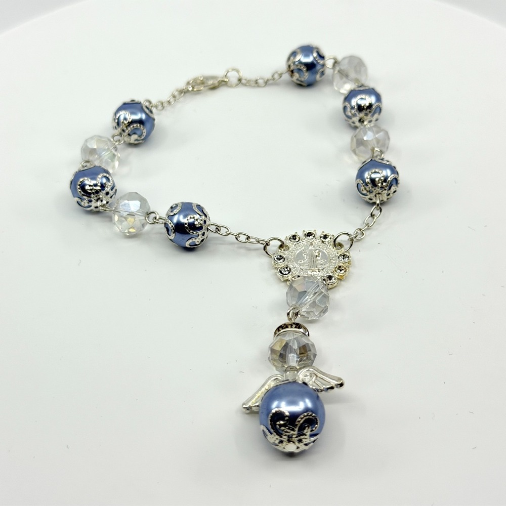 Vintage Y2K Catholic Rosary Bracelet Silver Tone Blue Pearl Crystal Angel Charm